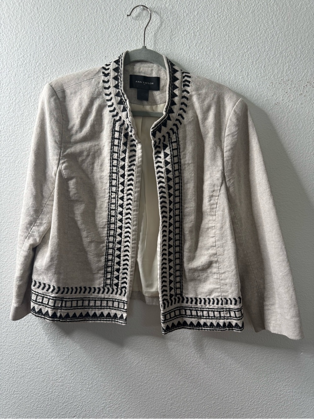 Ann Taylor Cream Jacket with Black Embroidered Trim